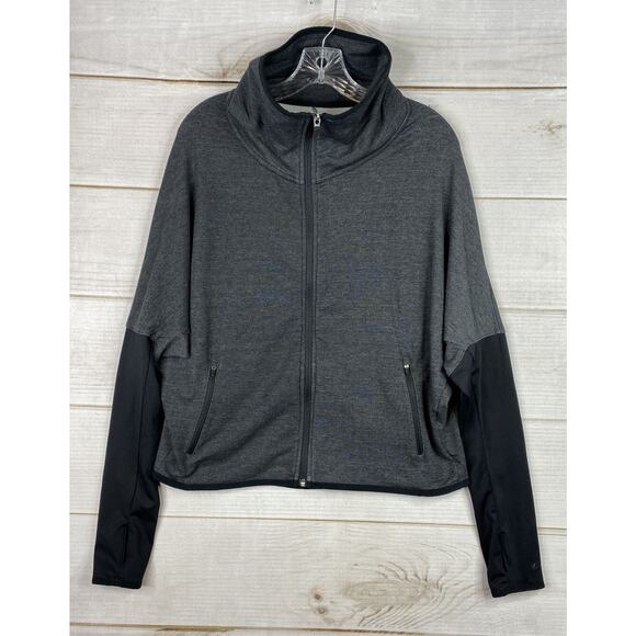 Nike Dri-Fit Sweatshirt Womens L Gray Black Full Zip Pocket Cowl Neck Thumbholes - Picture 1 of 12